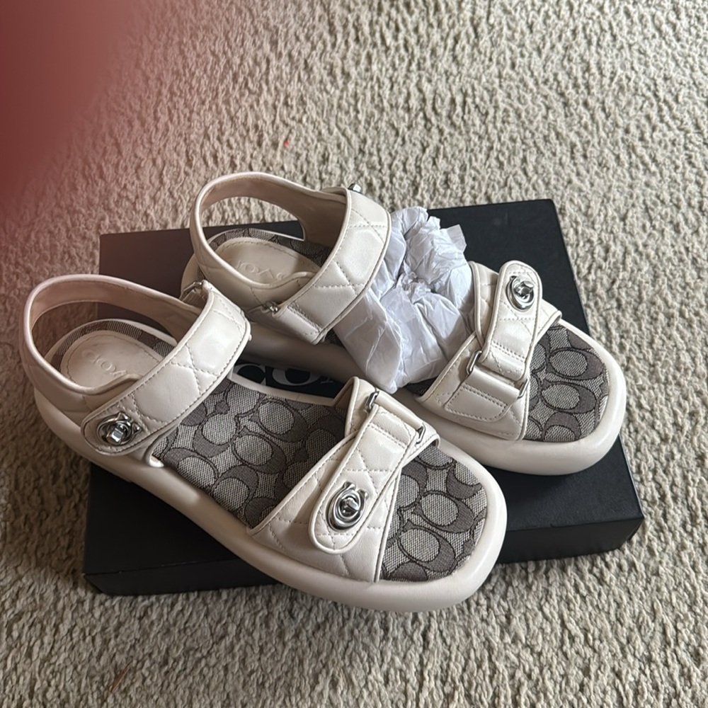 Coach Cream and Gray Quilted Sandals